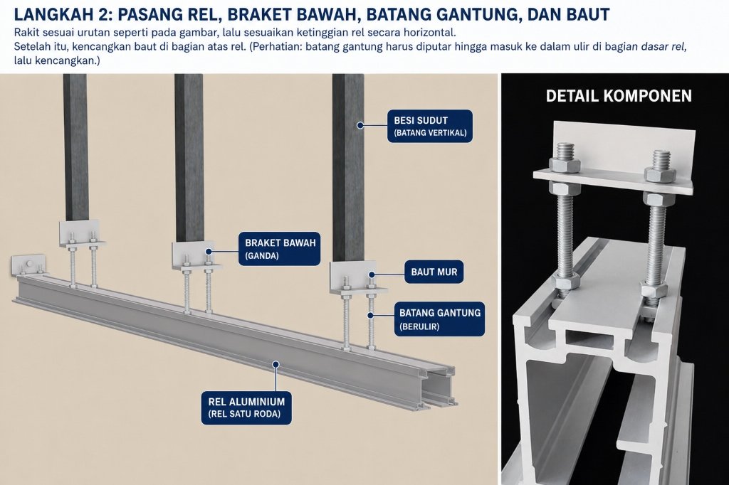 Room Divider Hanging Track & Roller Component Diagram - Diagram Komponen Rel