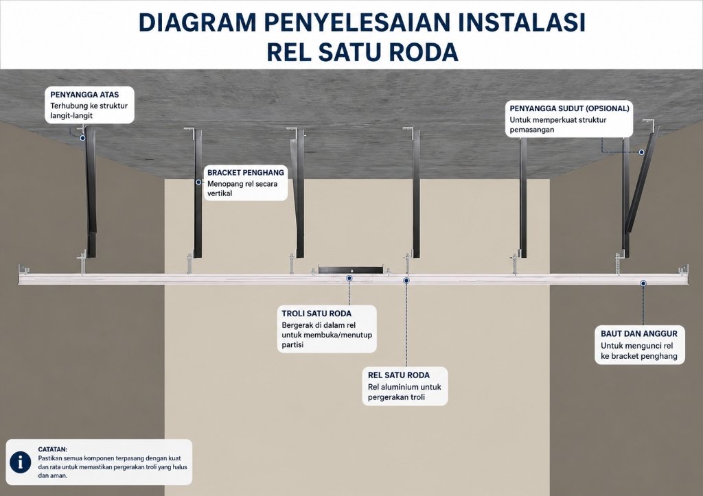 Top-Hung Operable Partition Wall Track & Roller Assembly - Diagram Penyelesaian Rel